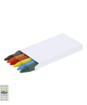 Set de 6 ceras en divertidos colores en caja de cartón reciclado de color blanco. Ideal para promociones y merchandising corporativo. Personalizable con tu logo.