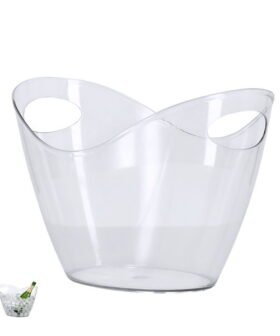 Elegante cubitera transparente de 4 l de capacidad fabricada en resistente PET. Ideal para promociones y merchandising corporativo. Personalizable con tu logo.